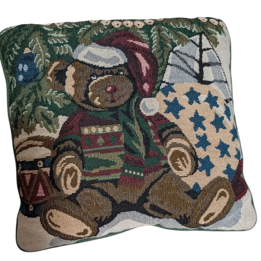 Vintage Teddy Bear Tapestry Accent Pillow seasonal Christmas Holiday home decor